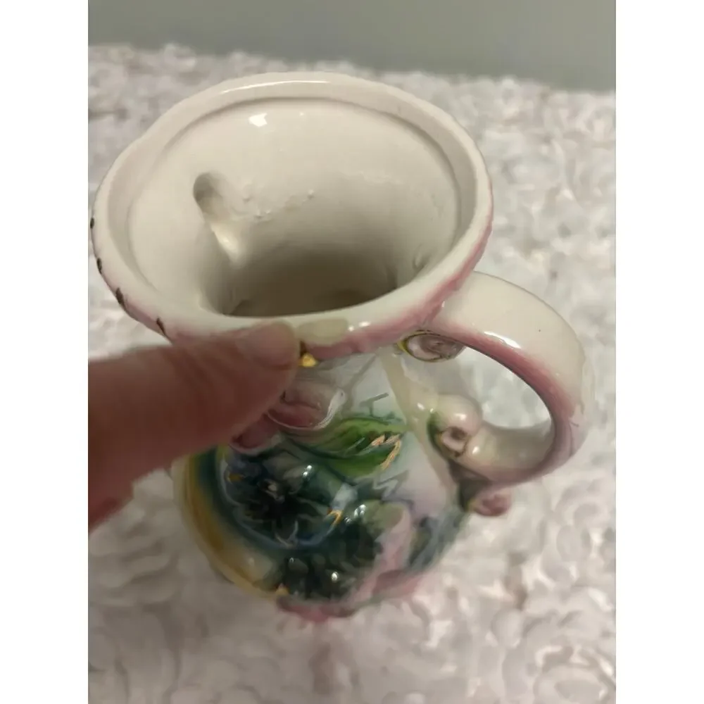 Vintage Majolica Lusterware Fruit Vase Double Handled Iridescent Ceramic 10